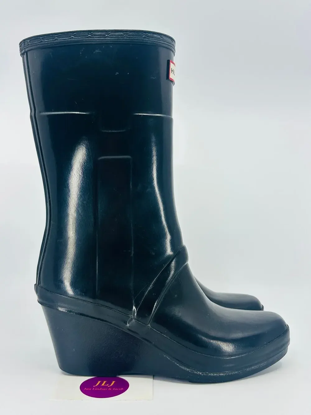 Hunter Women's Kellan Mid Black Glossy Rubber Wedge Rain Boots Size 8 SEE PHOTOS